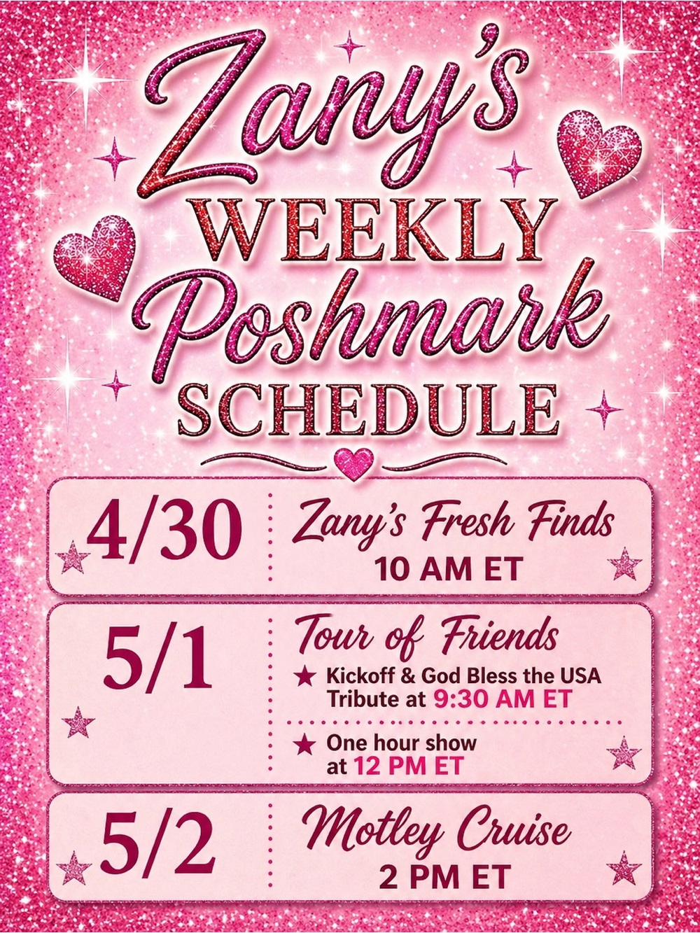 Zany’s Weekly Live Show Schedule!!! 💜💜💜💜